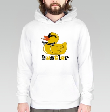 Смелый принт с уточкой и оружием Hustler, Толстовка белая Regular, утепленная