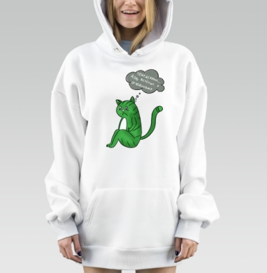 Грустный зеленый кот с надписью про понедельник и отдых, Hoodie Mjhigh Dig, оверсайз, утепленная