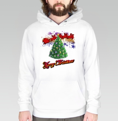 Яркая новогодняя елка с оленями и Merry Christmas надписью, Толстовка белая Regular, утепленная
