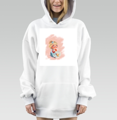 Девочка с золотой рыбкой в аквариуме теплые цвета светлый фон, Hoodie Mjhigh Dig, оверсайз, утепленная