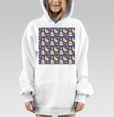 Новогодний милый бычок на темно синем фоне, Hoodie Mjhigh Dig, оверсайз, утепленная