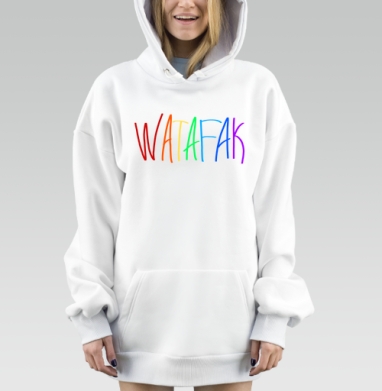 Яркая радужная надпись Watafak на сером фоне привлекает внимание, Hoodie Mjhigh Dig, оверсайз, утепленная