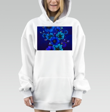 Синие цветы на темном фоне для яркости и загадочности, Hoodie Mjhigh Dig, оверсайз, утепленная