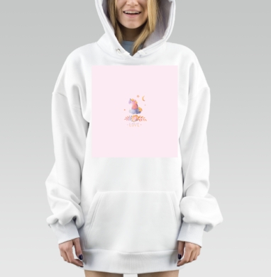 Маленький розовый единорог на облаке с надписью любовь, Hoodie Mjhigh Dig, оверсайз, утепленная