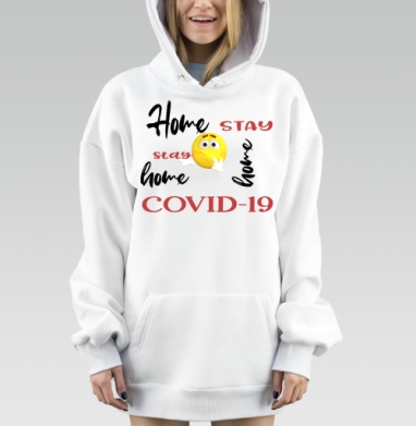 Оставайтесь дома COVID 19 надпись желтый смайлик, Hoodie Mjhigh Dig, оверсайз, утепленная