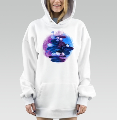 Фантастические водяные лилии и лотосы в синих и фиолетовых тонах, Hoodie Mjhigh Dig, оверсайз, утепленная