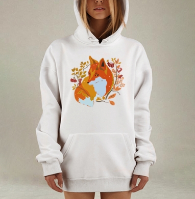 Лиса с рябиной в осеннем лесу, Hoodie Mjhigh Dig, оверсайз, утепленная