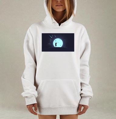 Девочка тянется к Луне в ночном небе высоко над, Hoodie Mjhigh Dig, оверсайз, утепленная