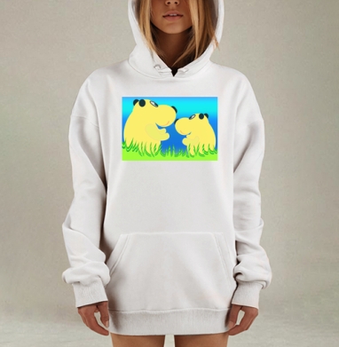 Два жёлтых медвежонка общаются на зелёной траве, Hoodie Mjhigh Dig, оверсайз, утепленная
