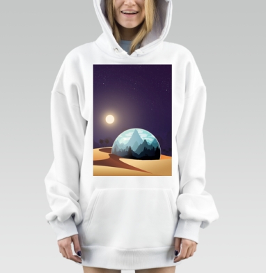 Ночное небо с пустынёй и горами в куполе волк завывание, Hoodie Mjhigh Dig, оверсайз, утепленная