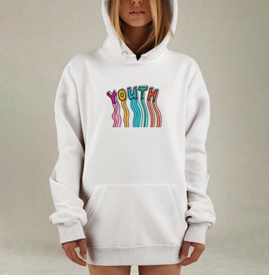 Цветная надпись Молодость с волнистыми линиями жизнерадостный принт, Hoodie Mjhigh Dig, оверсайз, утепленная