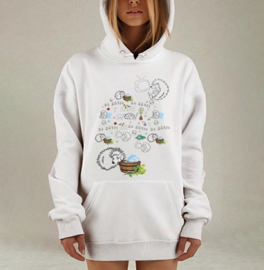 Мультяшные ёжики тележка птички на дачу, Hoodie Mjhigh Dig, оверсайз, утепленная