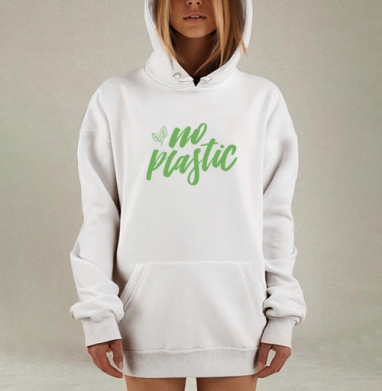 Отказ от пластика зелеными буквами с листьями no plastic, Hoodie Mjhigh Dig, оверсайз, утепленная