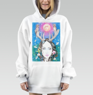 Женское лицо с рогами и совами на фоне луны, Hoodie Mjhigh Dig, оверсайз, утепленная