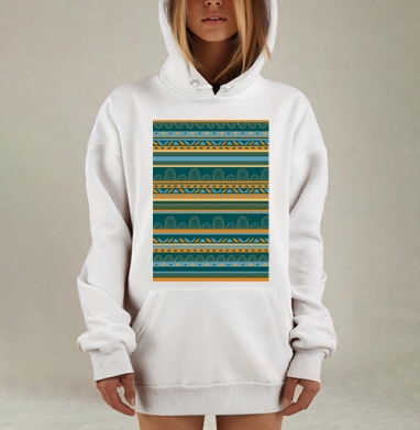 Этнические узоры в бирюзовом и горчичном оттенках без ограничения, Hoodie Mjhigh Dig, оверсайз, утепленная