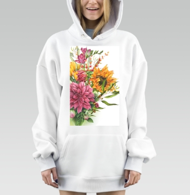 Яркий летний букет с подсолнухом и пионами в центре, Hoodie Mjhigh Dig, оверсайз, утепленная