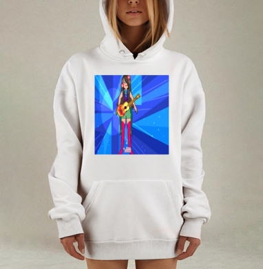 Яркая девушка с гитарой играет музыку в сиянии света, Hoodie Mjhigh Dig, оверсайз, утепленная