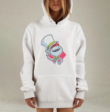 Вежливый персонаж с шляпой и зелёным галстуком-бабочкой на сером фоне, Hoodie Mjhigh Dig, оверсайз, утепленная