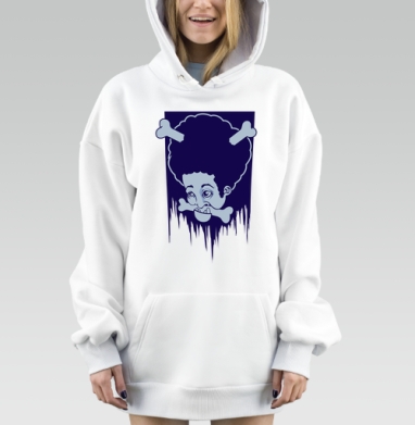 Голова с костями и мрачной иронией среди темного синего, Hoodie Mjhigh Dig, оверсайз, утепленная