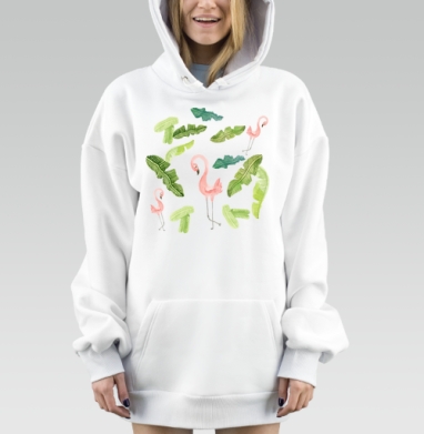 Нежные розовые фламинго и яркие зелёные листья тропиков, Hoodie Mjhigh Dig, оверсайз, утепленная