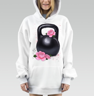 Черная гиря с нежными розами на белом фоне, Hoodie Mjhigh Dig, оверсайз, утепленная