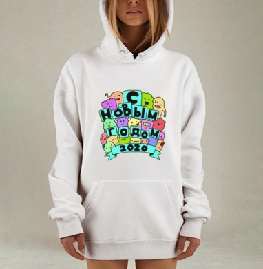 Новогодние мультяшные персонажи с поздравлением на 2020, Hoodie Mjhigh Dig, оверсайз, утепленная