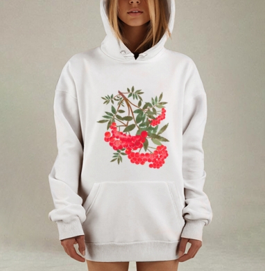 Ветка красной рябины с листьями зелёными ягоды красные, Hoodie Mjhigh Dig, оверсайз, утепленная