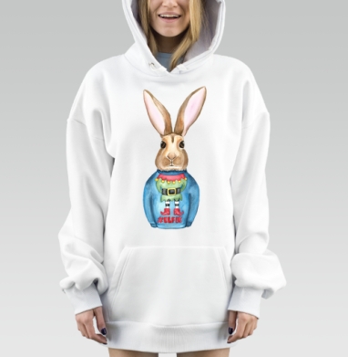 Кролик в праздничном свитере с эльфом #ELFIE, Hoodie Mjhigh Dig, оверсайз, утепленная
