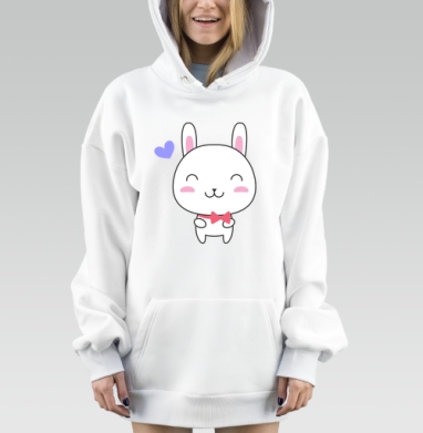 Милый белый кролик с красным бантиком и сердечком, Hoodie Mjhigh Dig, оверсайз, утепленная