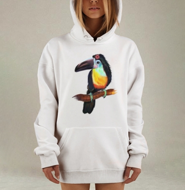 Яркий тукан с игривым цветком, Hoodie Mjhigh Dig, оверсайз, утепленная