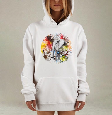 Стилизованный портрет слона в графике и акварели, Hoodie Mjhigh Dig, оверсайз, утепленная