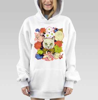 Белая кошка с цветочным венком ярких оттенков, Hoodie Mjhigh Dig, оверсайз, утепленная