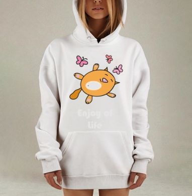 Мультяшный оранжевый зверек с бабочками — наслаждение жизнью, Hoodie Mjhigh Dig, оверсайз, утепленная