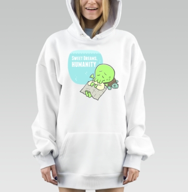 Милый чиби Ктулху спит в пижаме под клетчатым одеялом / SWEET DREAMS HUMANITY, Hoodie Mjhigh Dig, оверсайз, утепленная