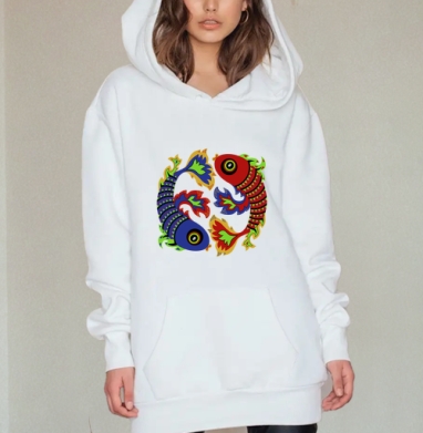 Красные и синие рыбы символ гармонии и движения, Hoodie Mjhigh Dig, оверсайз, утепленная