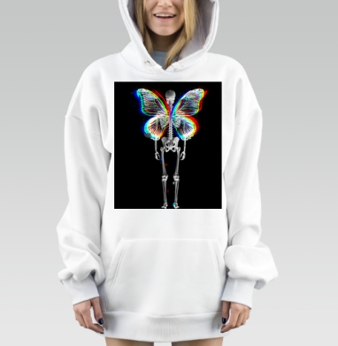 Цветные крылья бабочки на скелете с эффектом глитча, Hoodie Mjhigh Dig, оверсайз, утепленная