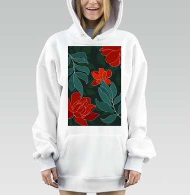 Красные цветы и сине зеленые листья на темном фоне, Hoodie Mjhigh Dig, оверсайз, утепленная