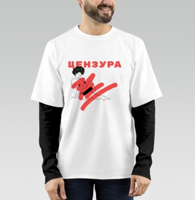 Девушка с красной цензурой на сером фоне, Футболка мужская лонгслив OneOne