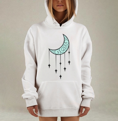 Светло голубая луна с черными звездами на сером фоне, Hoodie Mjhigh Dig, оверсайз, утепленная