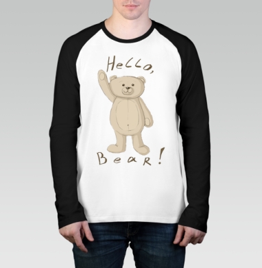 Нежный винтажный эскиз плюшевого мишки с надписью Hello Bear Привет Мишка Друг, Футболка длинный рукав / Мужчинам / Реглан / Принт