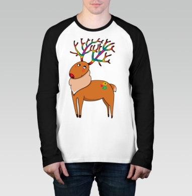Яркий новогодний олень с радужными рогами, Футболка длинный рукав / Мужчинам / Реглан / Принт