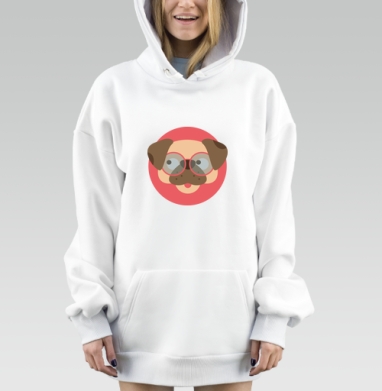 Морда мопса в очках на красном фоне, Hoodie Mjhigh Dig, оверсайз, утепленная