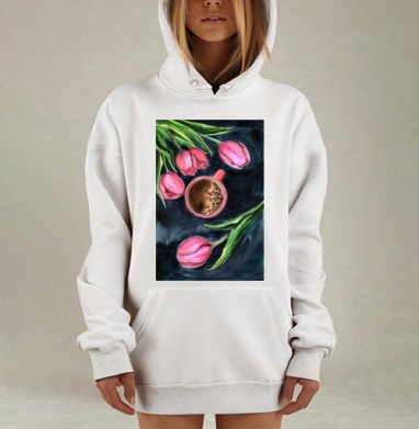 Нежные розовые тюльпаны с чашкой кофе на темном фоне, Hoodie Mjhigh Dig, оверсайз, утепленная
