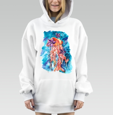 Яркая медуза с морскими звездами в акварели, Hoodie Mjhigh Dig, оверсайз, утепленная