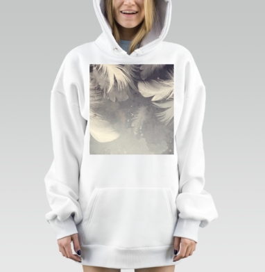 Нежное падение белых перьев на светлом фоне, Hoodie Mjhigh Dig, оверсайз, утепленная