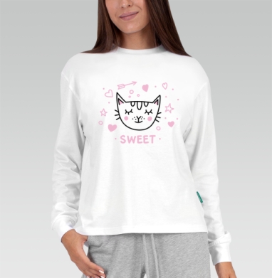Кот с розовыми щечками милый и нежный SWEET, Футболка лонгслив женская белая
