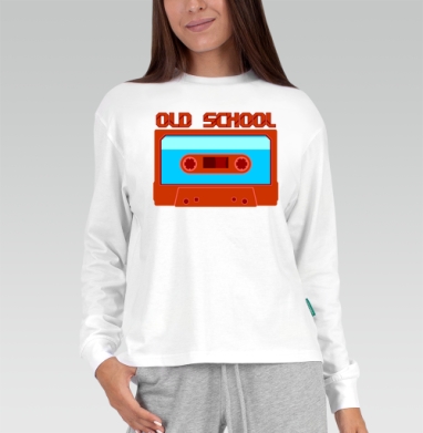 Яркая ретро аудиокассета OLD SCHOOL – стиль и ностальгия, Футболка лонгслив женская белая