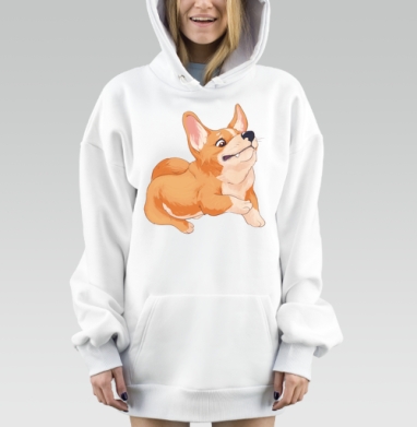 Веселый корги прыгает на сером фоне, Hoodie Mjhigh Dig, оверсайз, утепленная