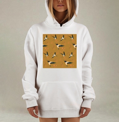 Свободные ласточки на коричневом фоне для женских изделий, Hoodie Mjhigh Dig, оверсайз, утепленная