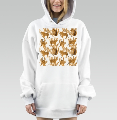 Рыжие тигры на кремовом фоне с коричневыми листьями, Hoodie Mjhigh Dig, оверсайз, утепленная